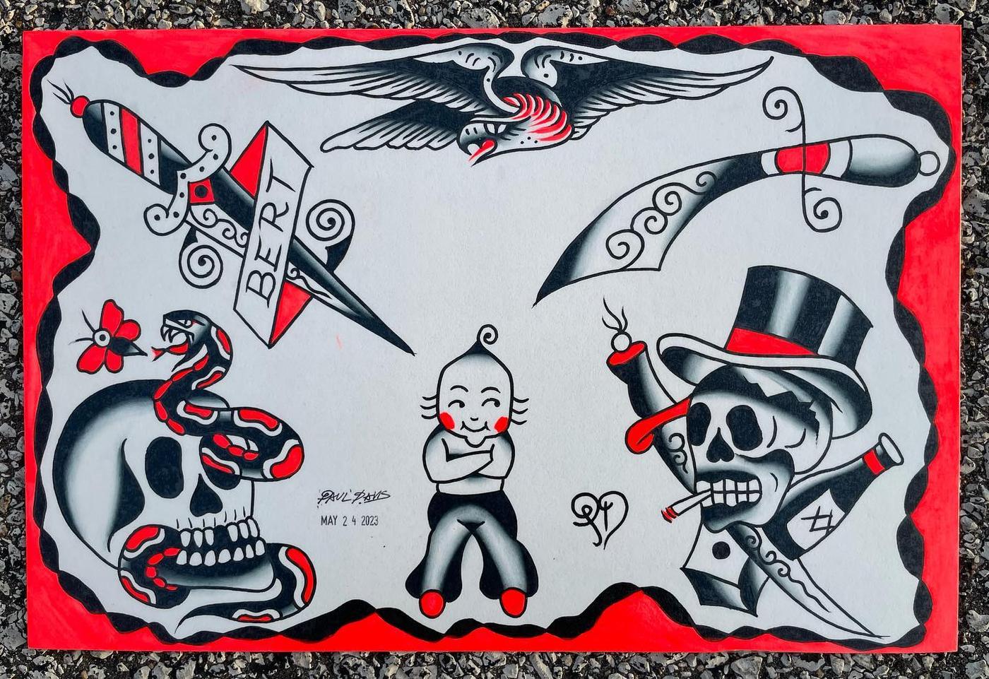 A hand-painted tattoo flash sheet on red, with an eagle, a dagger, a snake and skull, a kewpie and a top-hatted skull